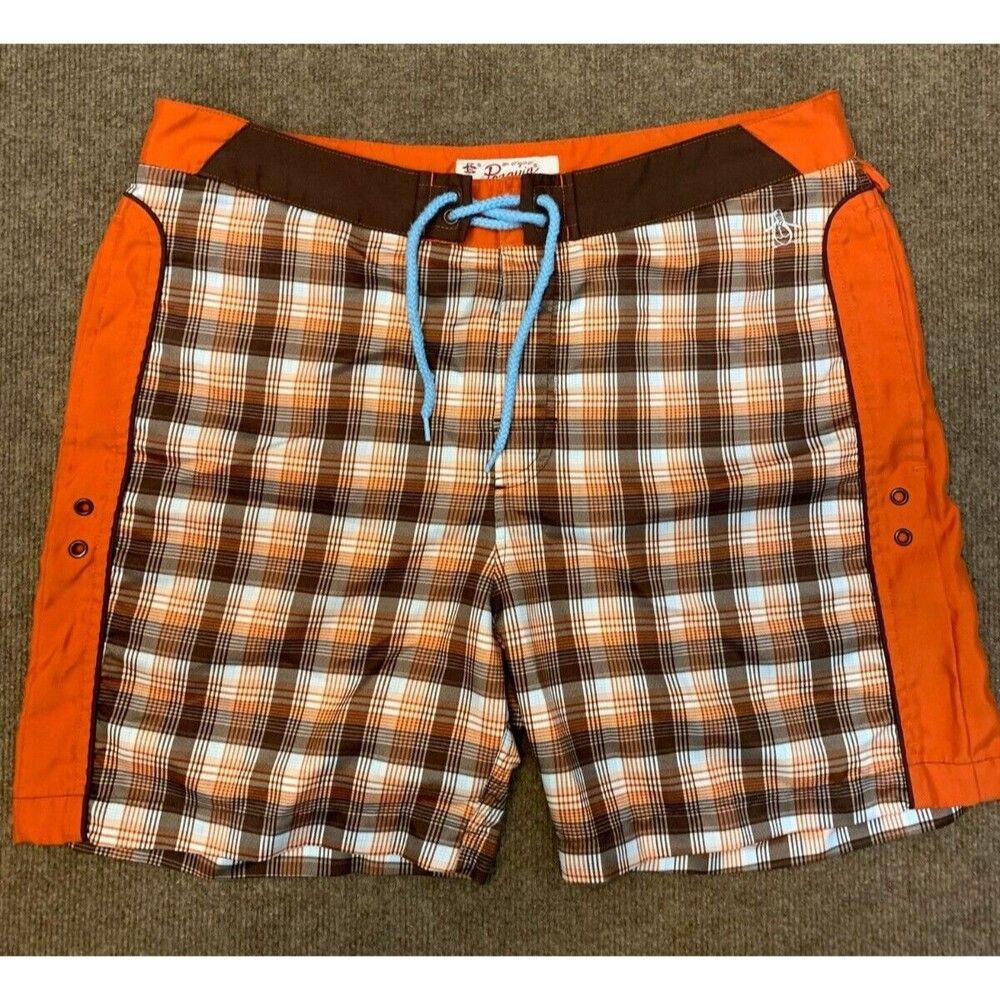 Penguin Board Shorts Mens 34 Beach Surf Swim Plaid Drawstring Waist